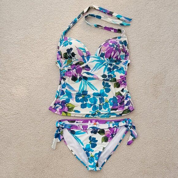 Leilani Floral 2 Piece Tankini Swim Suit Halter Top with Bikini Bottoms Sz 14 - Picture 10 of 11